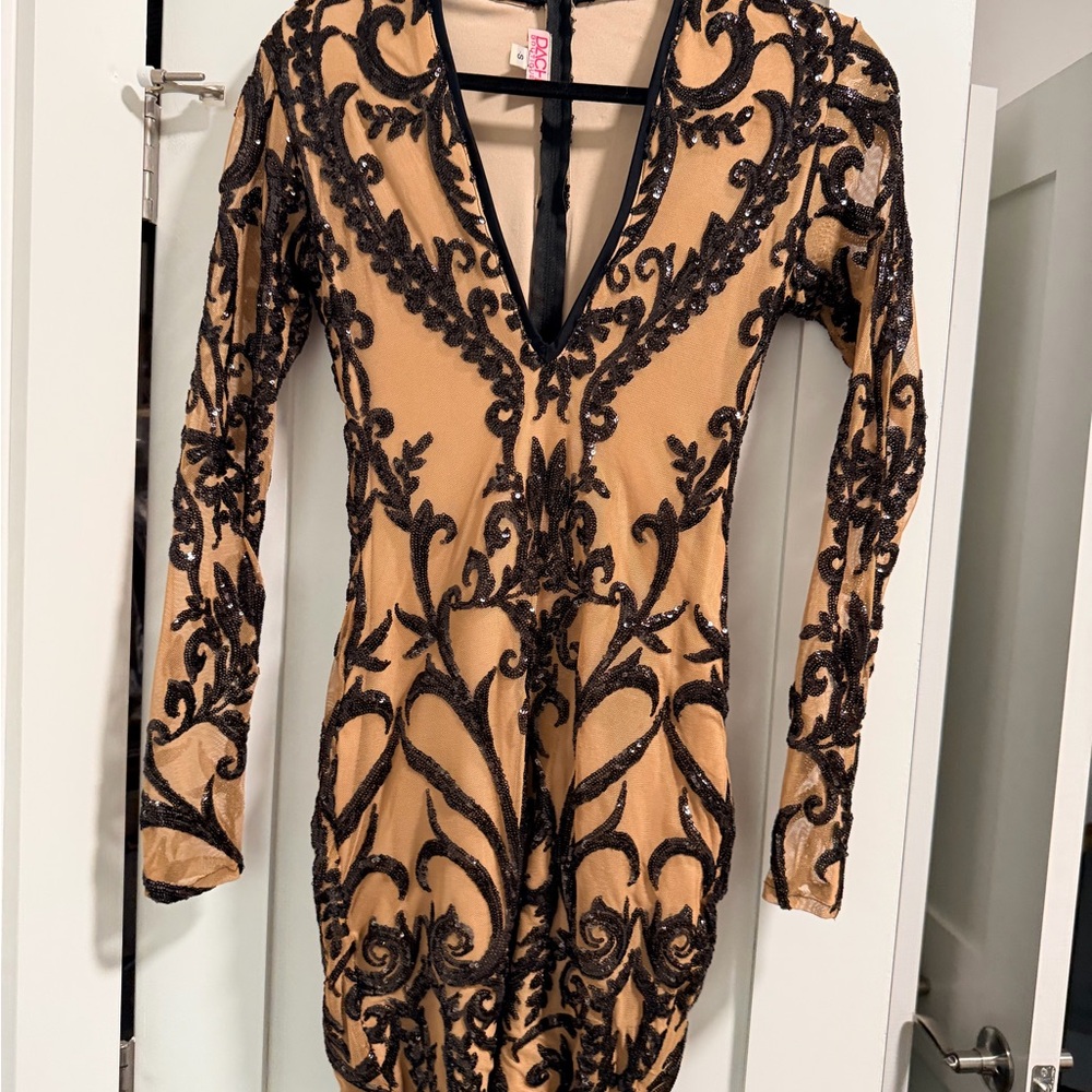 Beaded Deep V-Neck Cocktail Dress in Nude and Black